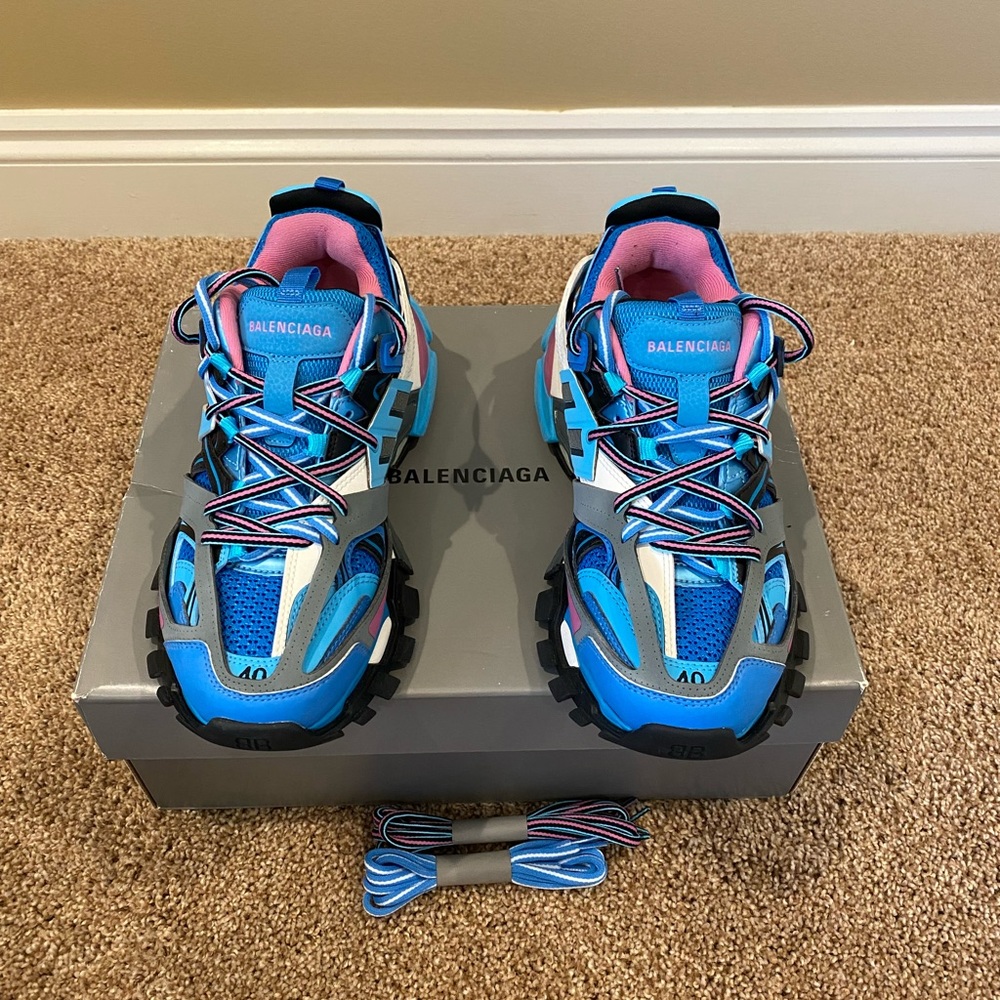 Balenciaga blue and pink Track caged multi-texture sneakers